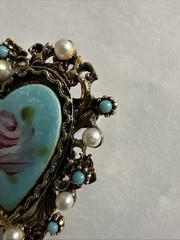Vintage ART Arthur Pepper Enamel Heart Rhinestone & Pearl Brooch Gold Tone