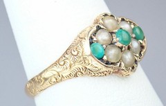 Pretty Antique Victorian 15K Gold Turquoise Pearl Floral Engraved Ring 1869 5.75