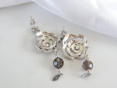 Vintage Sterling Silver 925 Floral Smoky Quartz Marcasite Drop Dangle Earrings