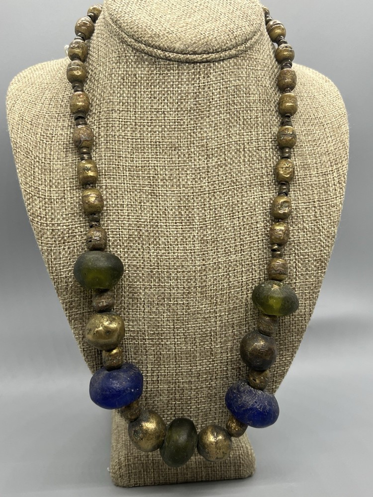 Vintage Blue Green Tumbled Glass Brass Beaded Necklace 24”