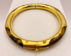 Vintage Asian Style Tiger’s Eye Gold Tone Hinged Bangle Bracelet