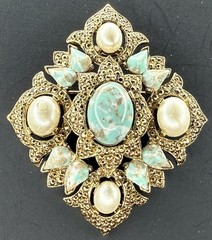 Vintage Sarah Coventry 1968 Remembrance Faux Turquoise Pearl Pendant Brooch Pin