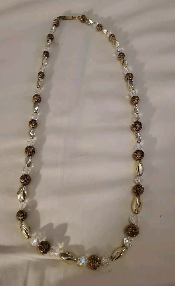 VTG AB Beads Metal & Glass Chrome Beads 24″ Haskell? Necklace Pat. No. 3427691