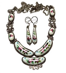 Vintage Unique Russian Enamel Hand Painted Jewelry Set Earrings + Necklace #28a