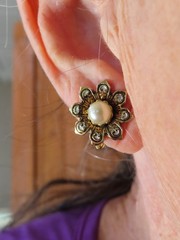 Vintage Two Tone Metal Faux Pearl Damascene Flower Clip Earrings AS IS