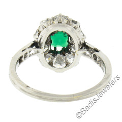 Antique Edwardian French Platinum Emerald & 0.66ct Old Cut Diamond Halo Ring