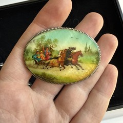Vintage Russian Silver & Mother of Pearl Sleigh Ride Painted Brooch Pin 2”