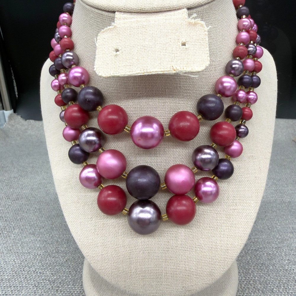 Vintage Necklace Multi Strand Pink Purple Beads Japan Adjustable Length READ