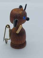 Vintage Miniature Wood Leather Devil Mouse ? Blue Crystal Eye Pin Brooch