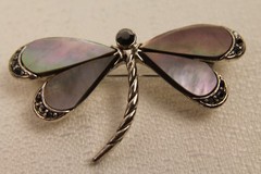 Vintage Black Mother of Pearl Dragonfly Pin Brooch Silver Tone Shell Marcasite