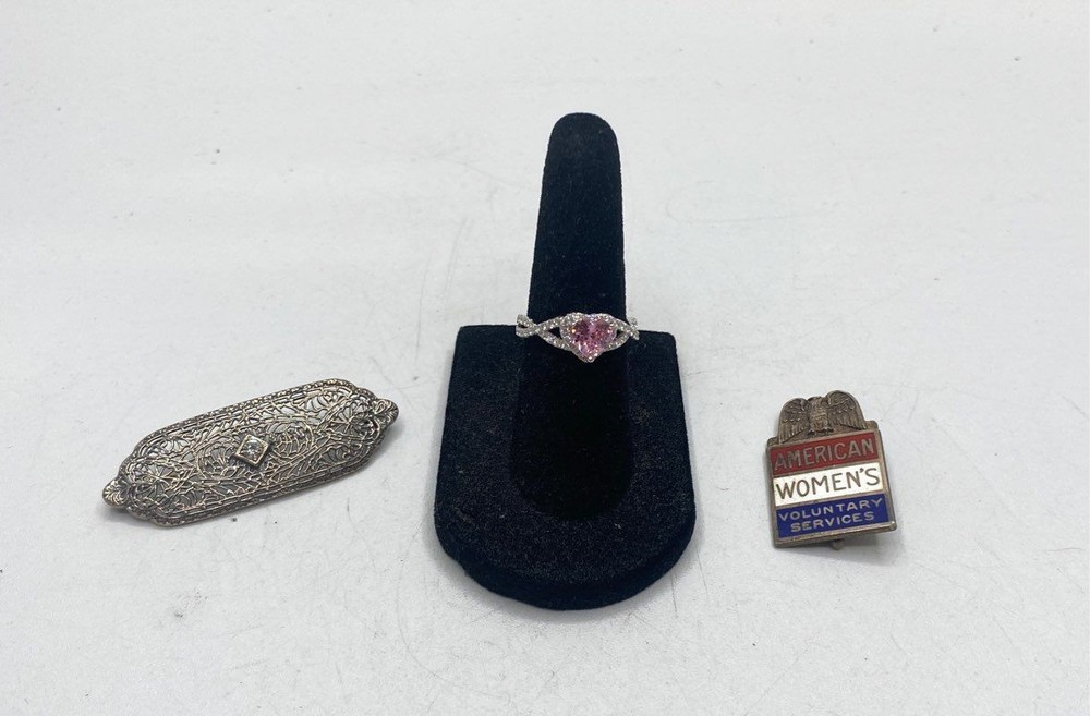 925 Sterling Silver WWII AWVS Pin Filigree Brooch Pink CZ Heart Ring Lot of 3
