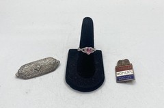 925 Sterling Silver WWII AWVS Pin Filigree Brooch Pink CZ Heart Ring Lot of 3