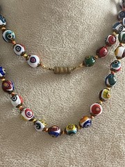 Vintage Venetian Murano Millefiori Art Glass Bead 29” Necklace Gold Silk Knots