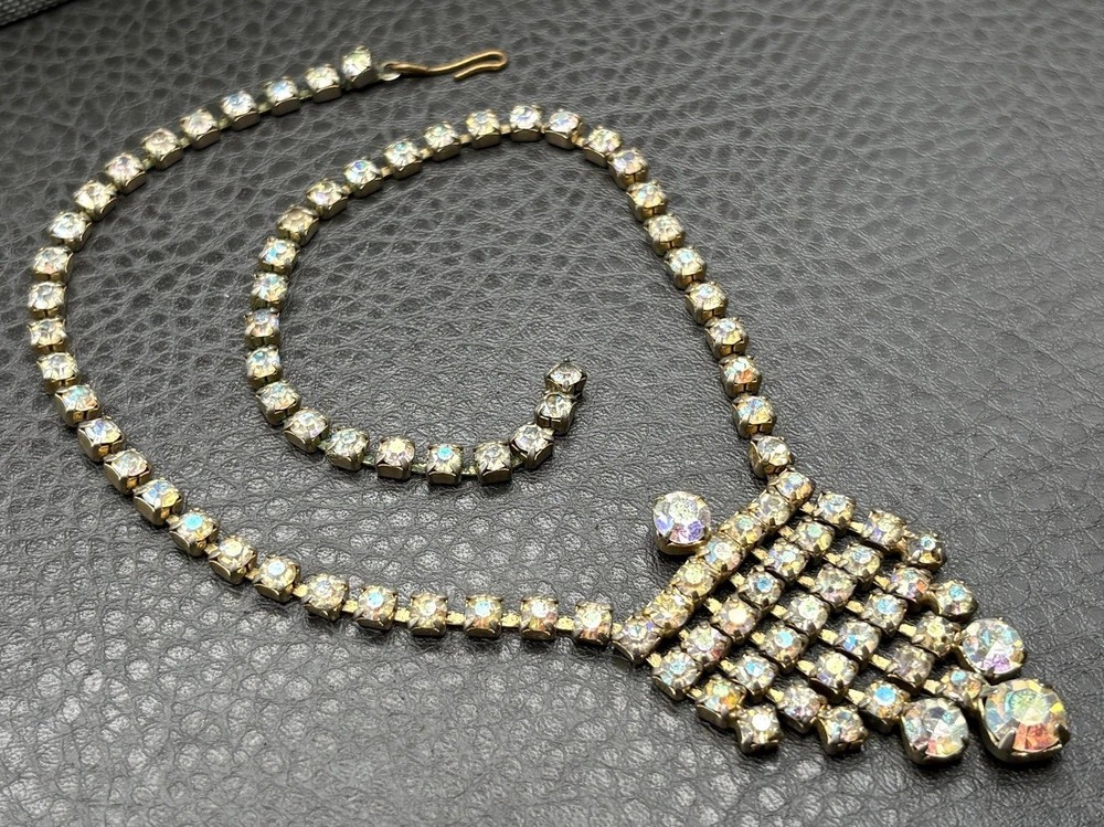 Vintage AB Rhinestone Aurora Borealis Waterfall Fringe Lavalier Necklace Choker