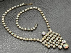 Vintage AB Rhinestone Aurora Borealis Waterfall Fringe Lavalier Necklace Choker