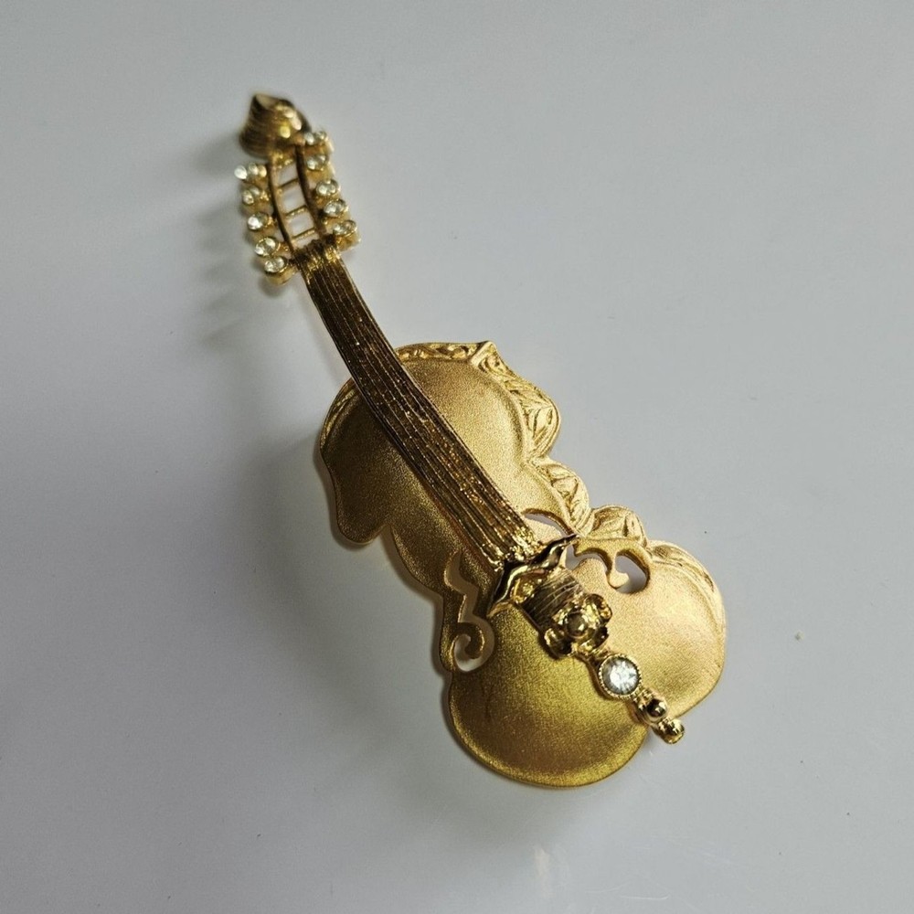Vintage Tona Brooch Cello Violin Brushed Gold Tone with Rhinestones 3.5″ EUC