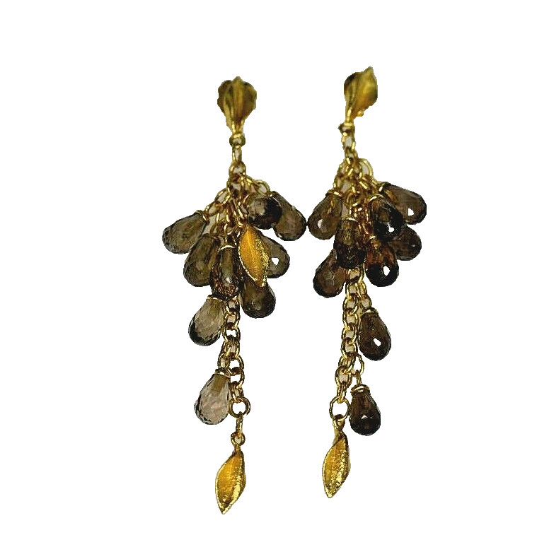 Vintage Italian Solid 14k Yellow Gold Smoky Quartz topaz Briolite Drop Earrings