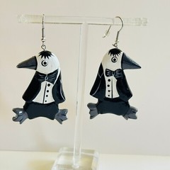 VTG Tuxedo Penguin Wood Earrings statement dangle Pierced Painted Chunky Figural