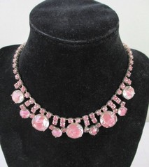 Vintage Pink Rhinestone Choker Necklace Mid Century Statement
