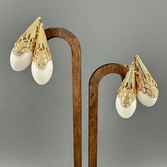 Vintage Napier Earrings Gold Tone Filigree Cap White Bead Tall Climber 1950s