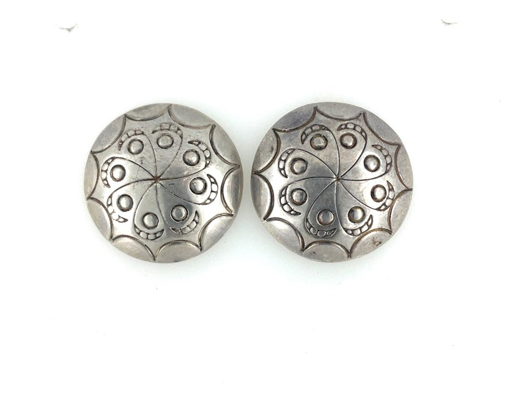 Vintage Sterling Silver Navajo Style Round-Shape Engraved Push-Back Earrings .9”