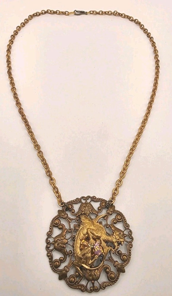 Vintage Art Nouvea Style Topaz Crystal Dragon Filigree Mixed Metal Necklace