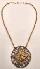 Vintage Art Nouvea Style Topaz Crystal Dragon Filigree Mixed Metal Necklace
