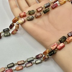 Vintage 48” Acrylic Rectangular Beads Necklace – Gold Tone Chain – Autumn Hues