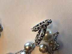 Heavy Faux Pearl Rhinestone Disco Ball Necklace, JCM Brass Earrings, Brooch