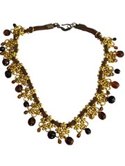 Vintage Gold Tone Suede Leather Necklace Glass Beads Dangles Hook Clasp 15.5″