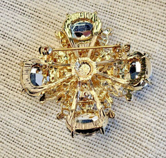 Filigree Gold Tone Smoky Gray Rhinestone Brooch Pin Intricate Detail Layered