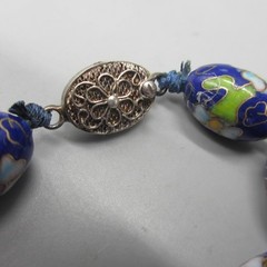 Vintage Cloisonne Necklace Earrings Leverback Signed Silver Tone 27 Inch