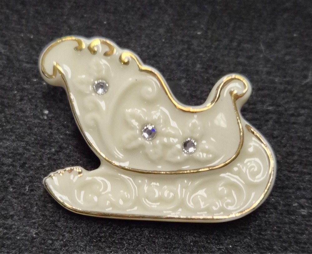 Vintage 90’s Signed LENOX Porcelain & Rhinestone Christmas Sleigh Pin / Brooch