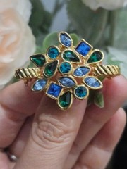 Vintage YSL Yves Saint Laurent Brooch Pin Blue Green Crystal Gold Tone With Box