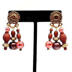 Burgundy Cranberry Copper Colored Multi Shape & Strand Bead Pierced Vtg Earrings