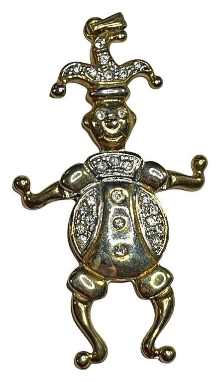 Mid-Century Articulating Rhinestone Jester Pendant Gold-Toned MCM