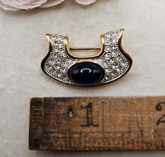 Vintage Lanvin Germany Brooch Pin Rhinestone Blue Cabochon Signed Gold Tone