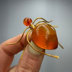 Vintage Amber Spider Brooch 1970s Baltic Honey Amber Gilded Brass Pin Jewelry