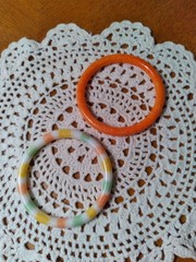 Vintage Glass Bangle Bracelets Set of Two Faux Jade Orange Green yellow