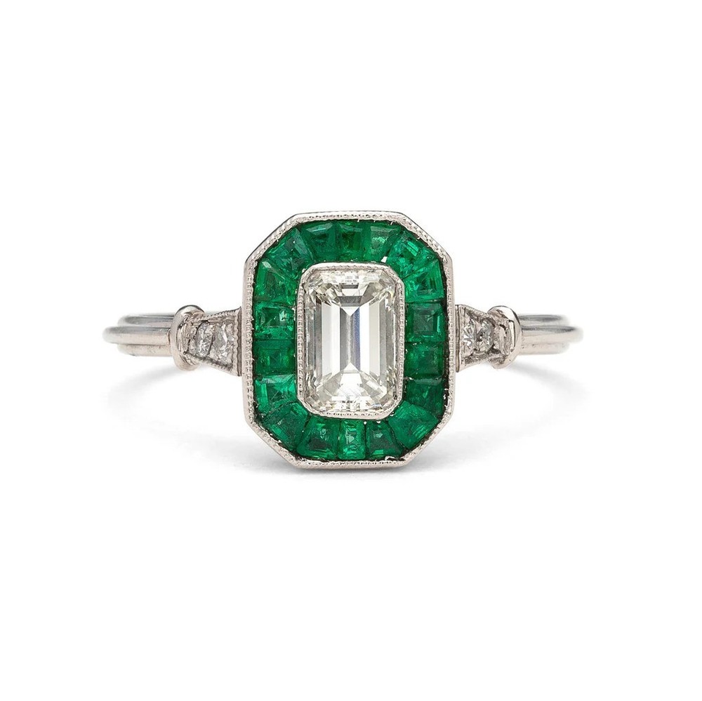 Lab Created Emerald Cut Diamond and Emerald Art Deco Style 925 Silver Gift Ring