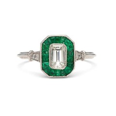 Lab Created Emerald Cut Diamond and Emerald Art Deco Style 925 Silver Gift Ring