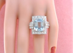 ESTATE ART DECO 10ct AQUAMARINE 1.35ctw DIAMOND PLATINUM STATEMENT COCKTAIL RING