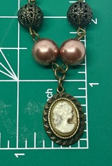 Cameo Pendant Necklace Burgundy Beads Faux Pearl Filigree 18″ Necklace