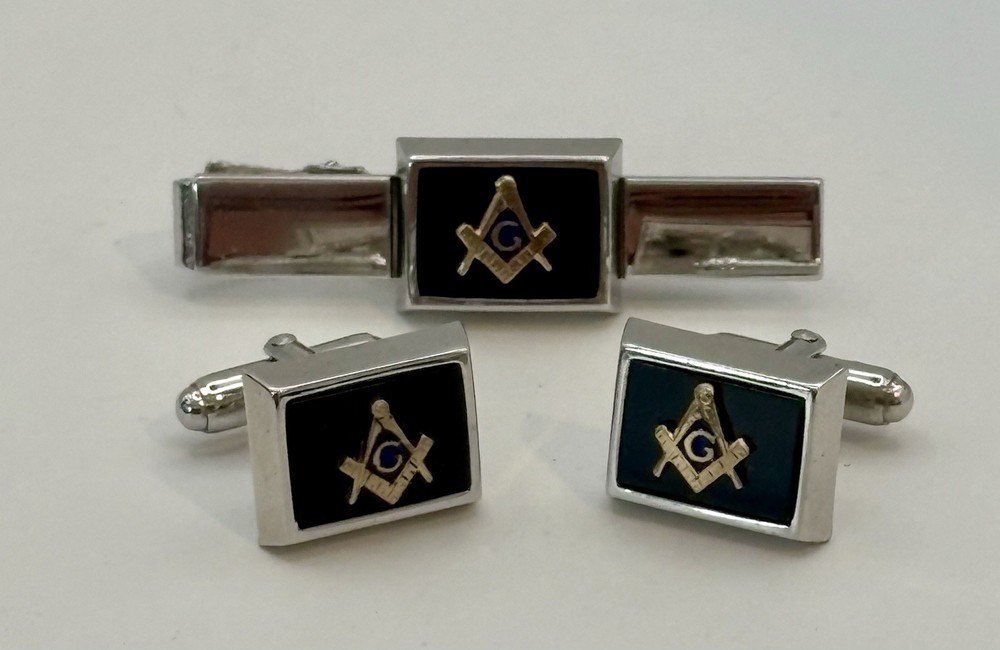 Vintage Anson Freemason Masonic Cufflinks Tie Bar Set Black Enamel Original Box