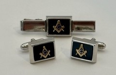 Vintage Anson Freemason Masonic Cufflinks Tie Bar Set Black Enamel Original Box