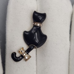 Vtg Black Cat Scatter Pin Tail Moves Brooch Gold Tone Rhinestone Bow Collar KC