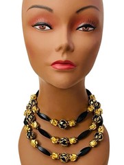 VTG DEAUVILLE LUCITE BLACK GOLD TRIPLE STRAND BEADS METAL SIGNED NECKLACE 12-14”
