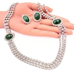 Eisenberg Ice Signed Green Glass Cabochon Clear Rhinestone Necklace Earring Set