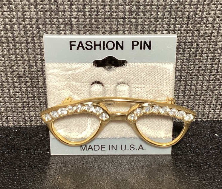 NOS! Gold Tone, Rhinestone Trimmed Eye Glasses BROOCH PIN 2 3/8″ long