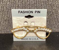 NOS! Gold Tone, Rhinestone Trimmed Eye Glasses BROOCH PIN 2 3/8″ long